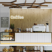 Design project of a finished coffee shop with desserts, sweets and a coffee machine in a wooden style