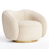 Beige Boucle Fabric and Brass Finishes Swivel and Curved Armchair