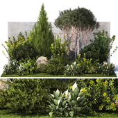 Collection of garden plants with bushes and trees for landscape design with Juniper, Barberry, thuja, cypress, bonsai pine, topiary. Set 1397.