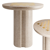 Kikko White Travertine and Brass Inlay Game Side Table