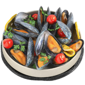 plate of mussels with lemon and tomatoes