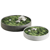 Outdoor composition 01 round bowls and sitting area with stones and moss