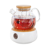 Teapot heated by a candle on a white ceramic stand