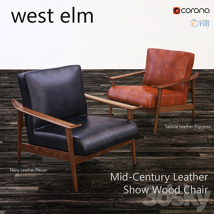 West elm Mid Century Leather Show Wood Chair Arm chair 3D model