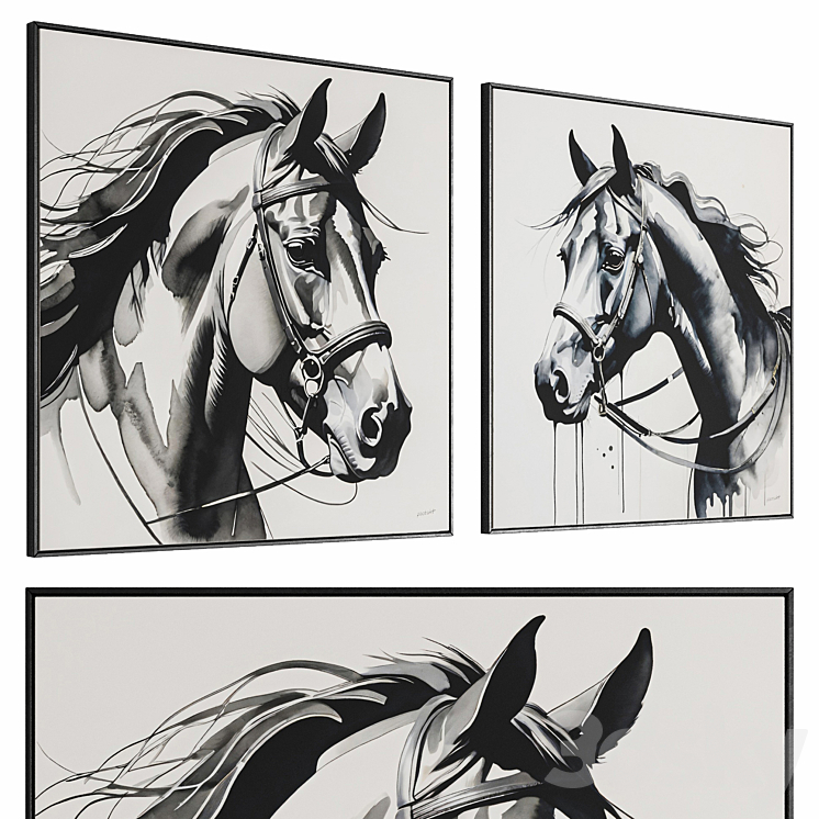 Horse Portraits Paintings Set 4K PBR Frame 3D model