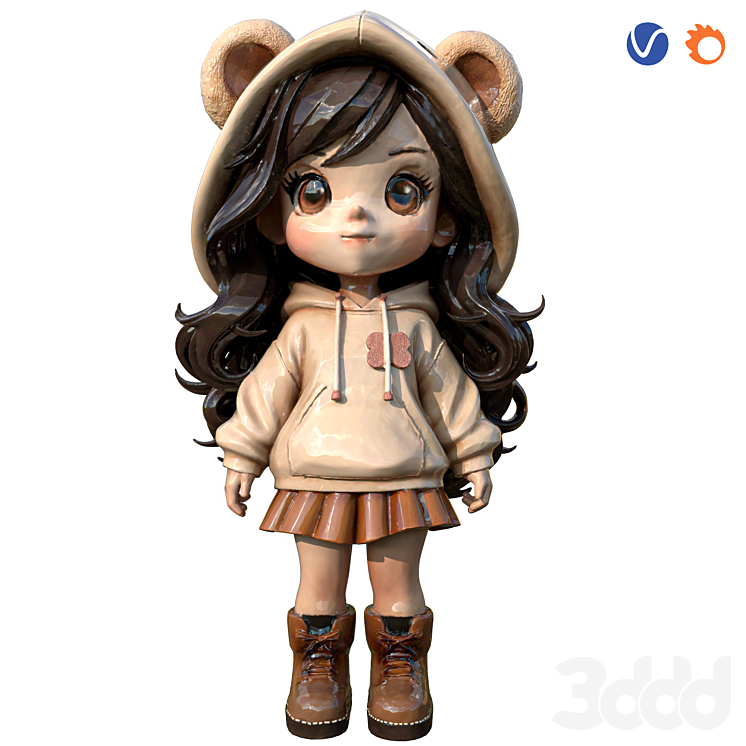 Cozy Bear Hoodie Stylized Girl Figurine - Игрушки - 3D модель