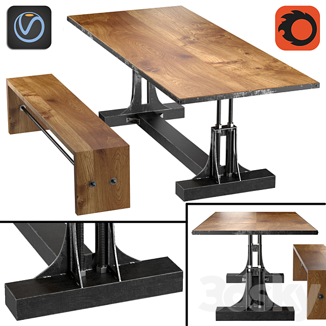 3d Models Table Chair Post Industrial Table And Bench
