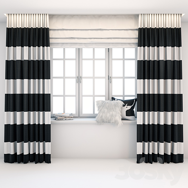 Roman Curtain Window, Gray And Black Striped Curtains
