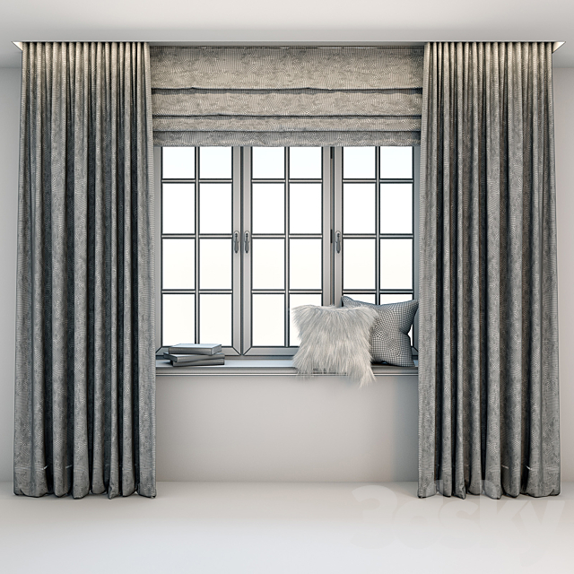 3d Models Curtain Straight Black And White Striped Curtains In