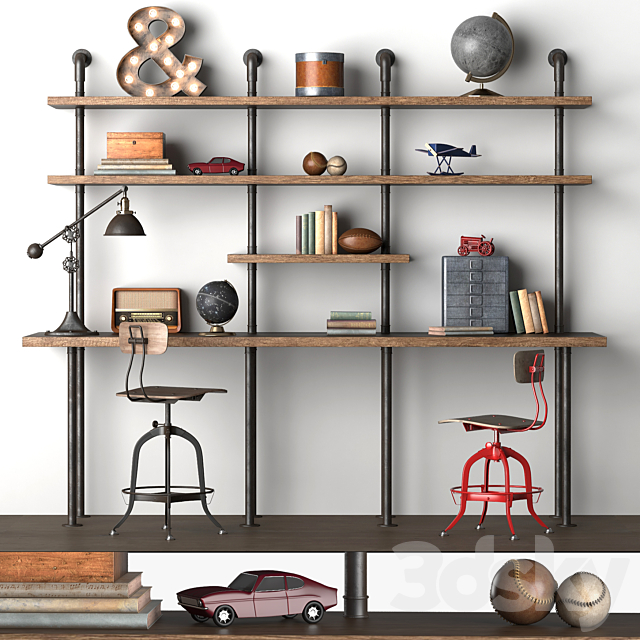 3d Models Table Chair Industrial Pipe Double Desk With Shelving