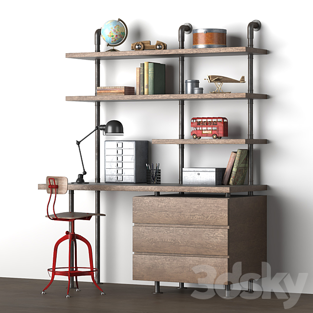 3d Models Table Chair Industrial Pipe Single Desk Shelving