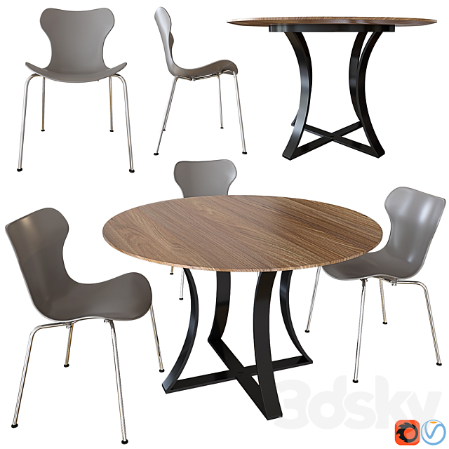 B & B ItaliaPapilio Shell. Damen 60 "Brown Wood Top Dining Table Table + Chair 3D Models