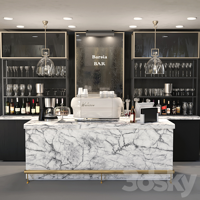 Pub design project. Bar, alcohol, bar counter, marble, lamp ...