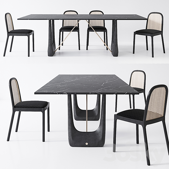 CB2 Nadia Cane chair, Rocco Rectangular marble dining table - Table