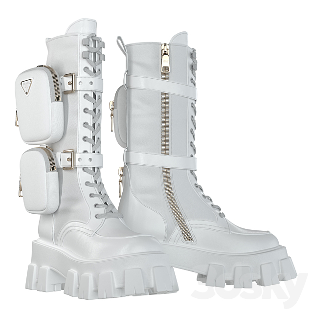 PRADA Brushed rois leather and nylon Monolith boots white
