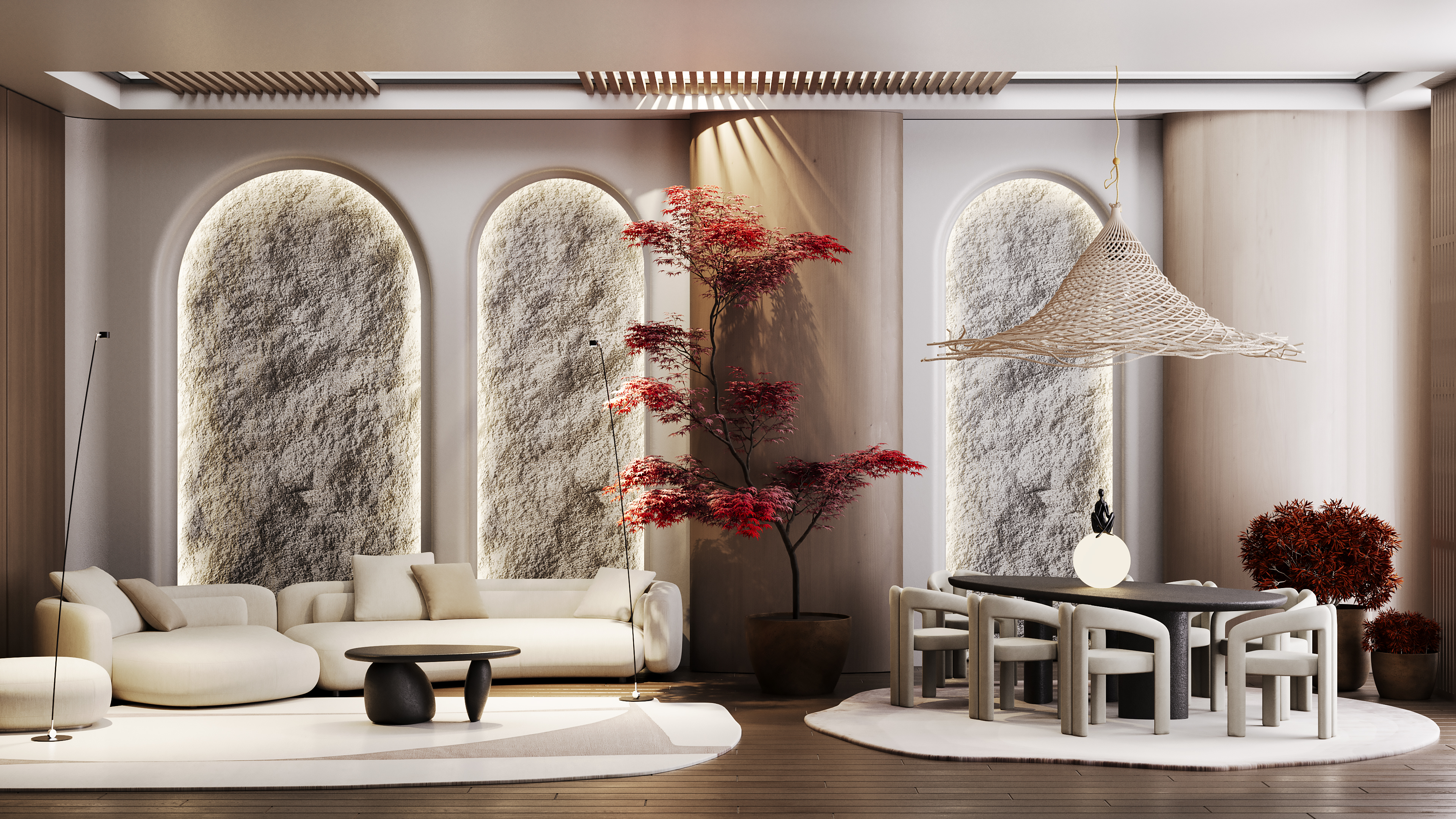Дизайн-проект гостиной-столовой в стиле Ваби-Саби / Living-dining room ...